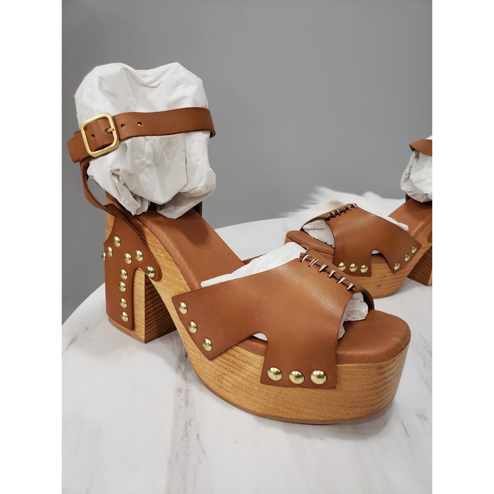 NEW NO BOX Free People Cecily Clogs Ankle Strap Platform Tan Leather Brass Studs